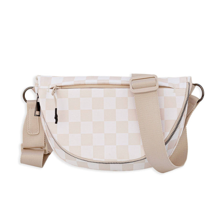 Olivia Nylon Check Foldover Crossbody Bag: Almond