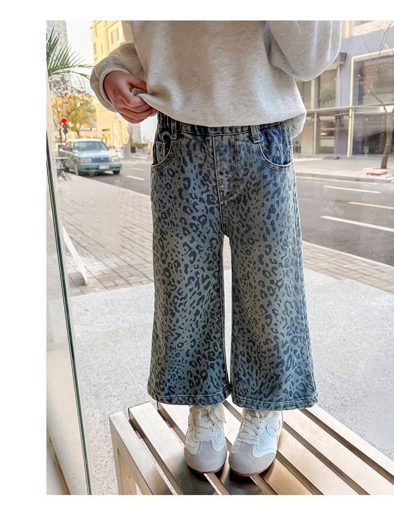 Girls' Blue Leopard Print Denim Wide-Leg Pants (JEANS): Blue / English / 4