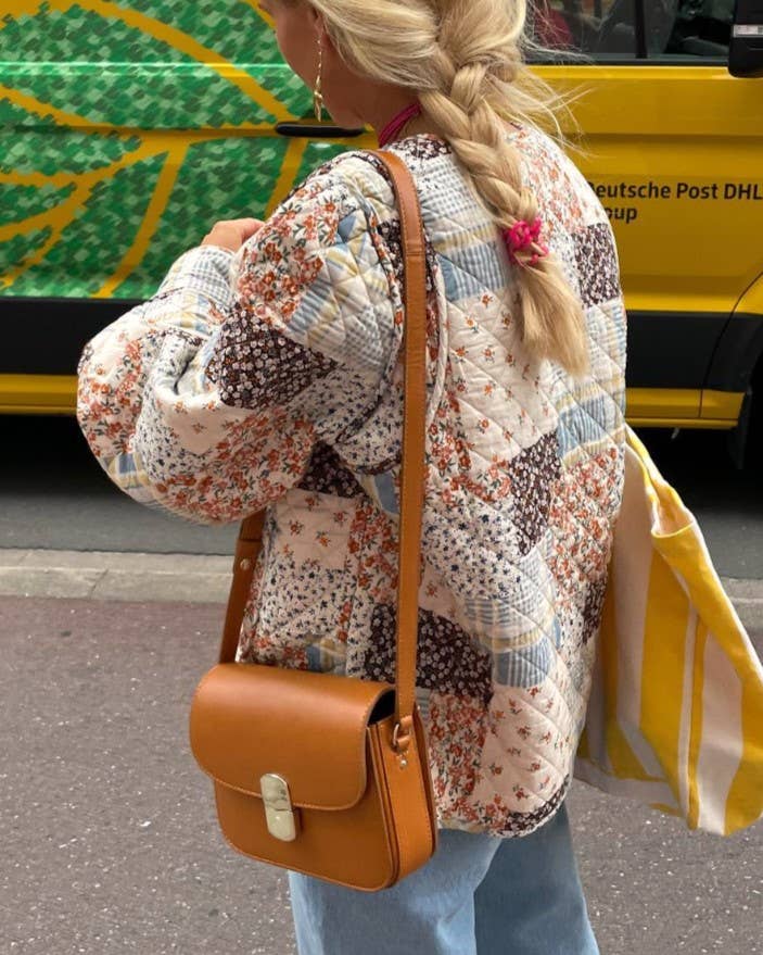Floral Color Blocks Print Quilted Jacket: Apricot / L