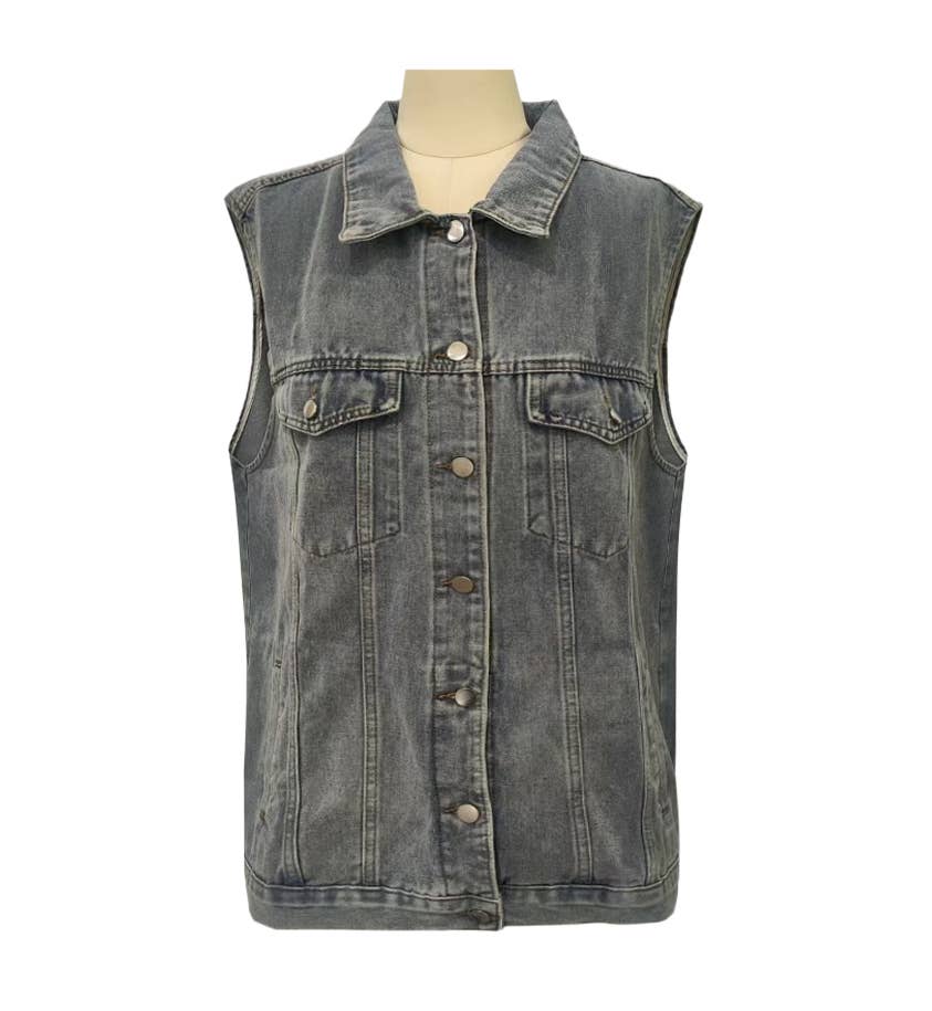 Western Button Down Sleeveless Denim Vest