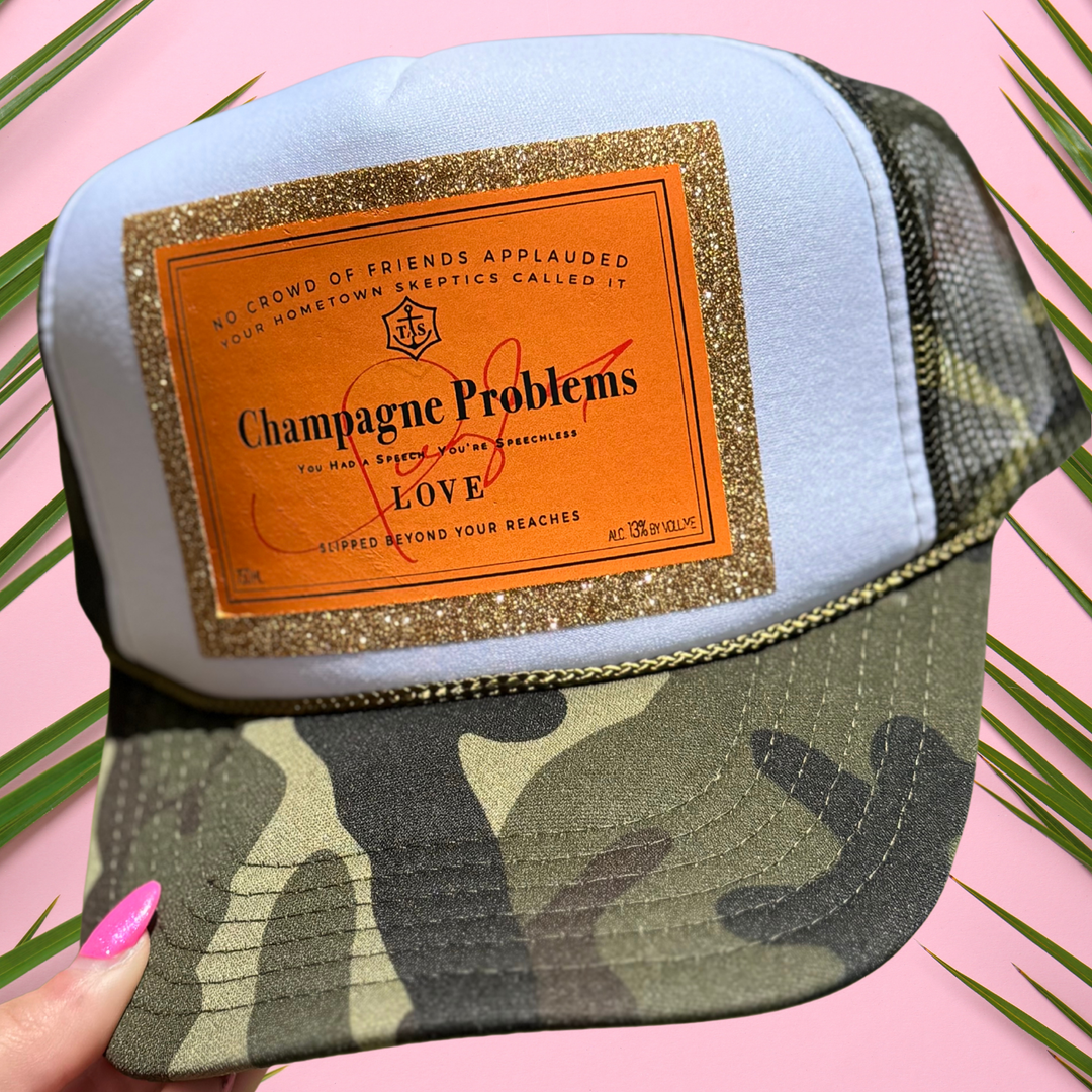 "Champagne Problems" Camo Glitter Trucker Hat : Dark Camo Hat - With Gold Star Patch