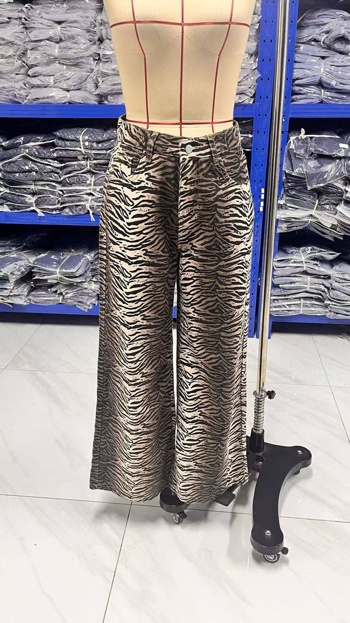 Zebra print loose low-rise straight-leg jeans: LEOPARD / (S) 1