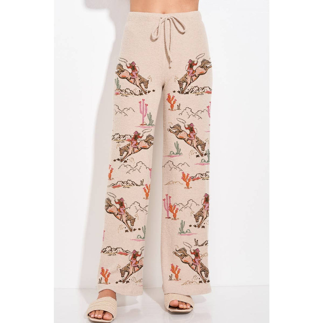 Desert Cowgirl Print Rib Hoodie Loungewear Set : Taupe / M