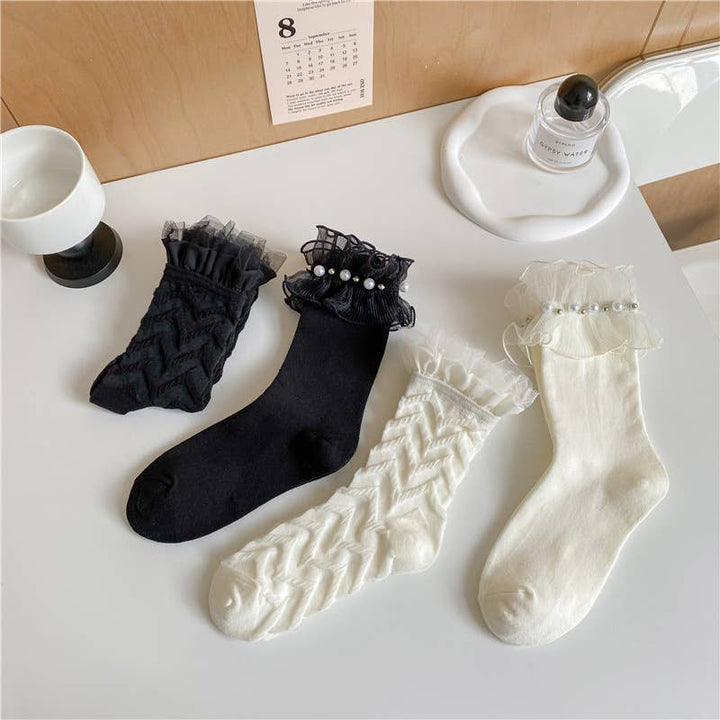 Women's cute lolita style lace socks lace mid-tube socks: Black-A