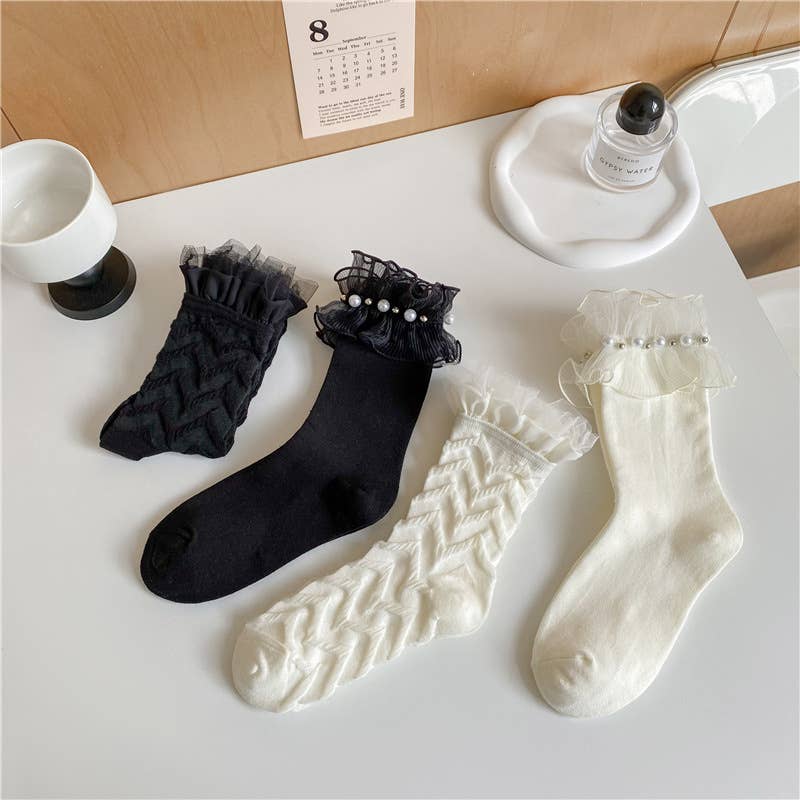 Women's cute lolita style lace socks lace mid-tube socks: White-B