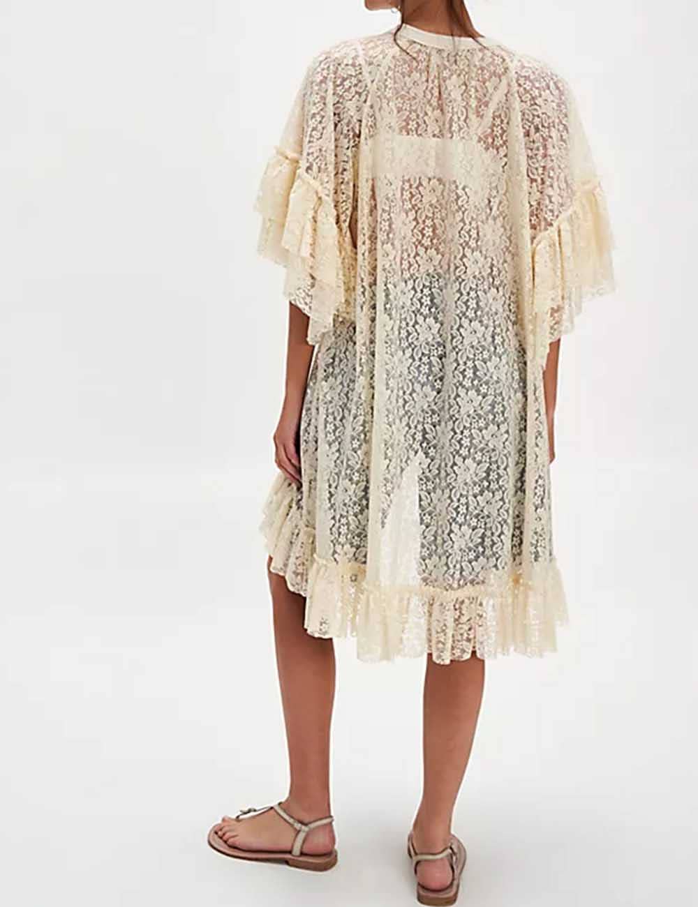 Ladies Floral Lace See Through Irregular Mid Sleeves Blouse