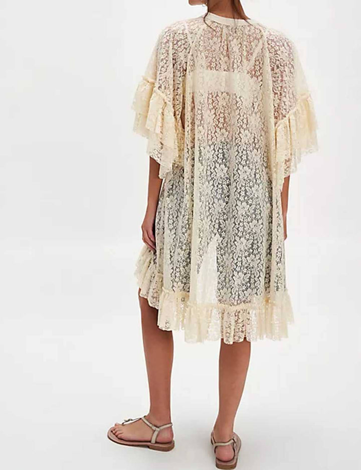Ladies Floral Lace See Through Irregular Mid Sleeves Blouse
