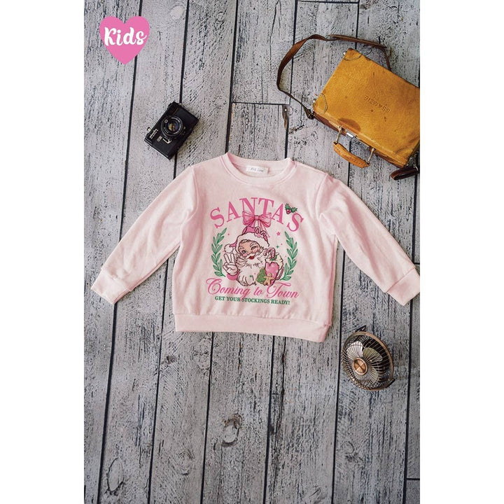 Kids Santa Christmas print soft long sleeve top: PINK / 910