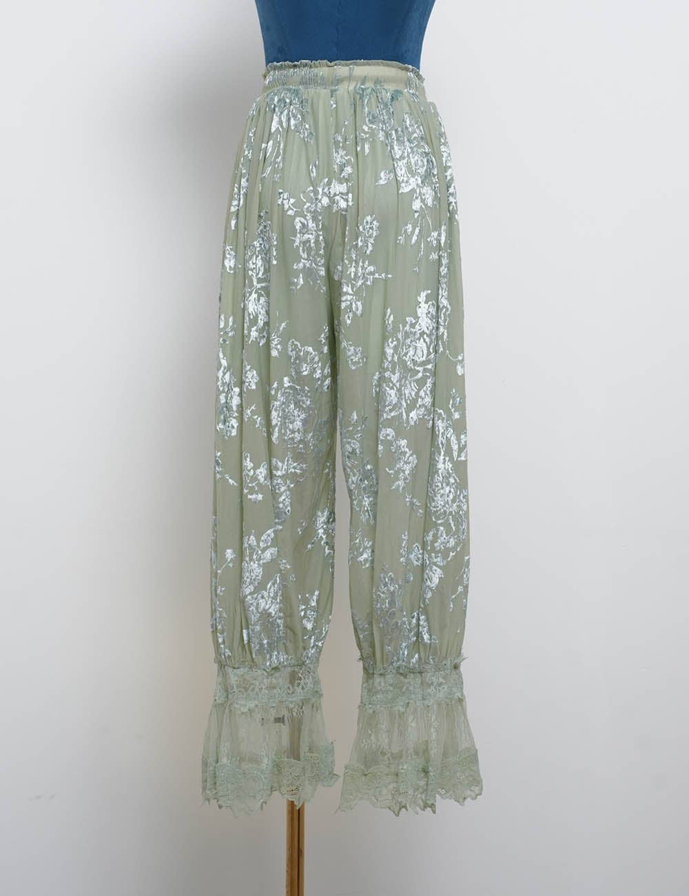 Ladies Lace Hem Floral Flocked Elastic Waist Lantern Pants