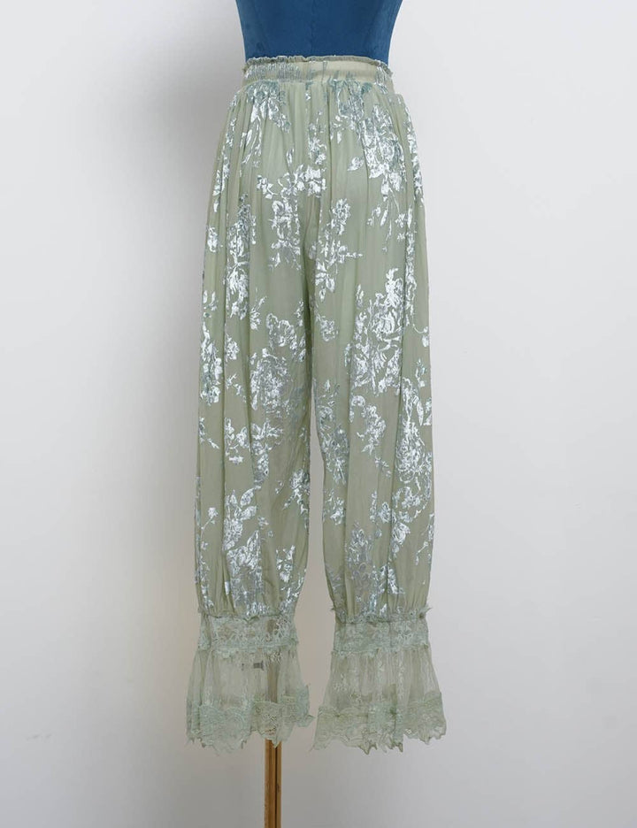 Ladies Lace Hem Floral Flocked Elastic Waist Lantern Pants