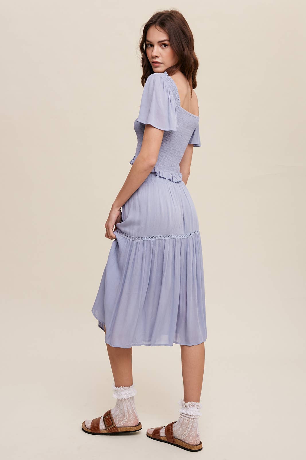 Smocked Crop Top & Tiered Midi Skirt Set: Gray