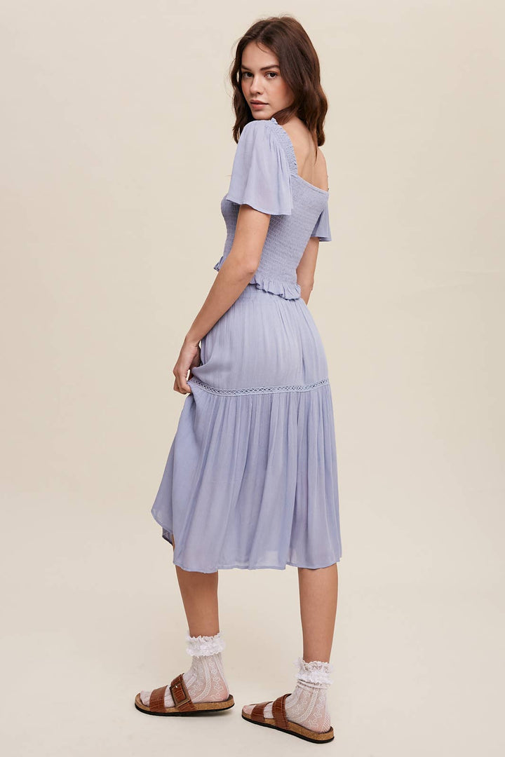 Smocked Crop Top & Tiered Midi Skirt Set: Gray