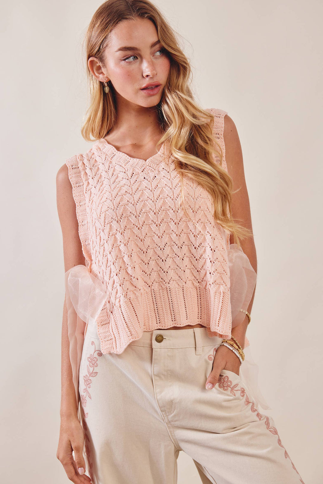 Pointelle Knit Ribbon-Tie Vest Top