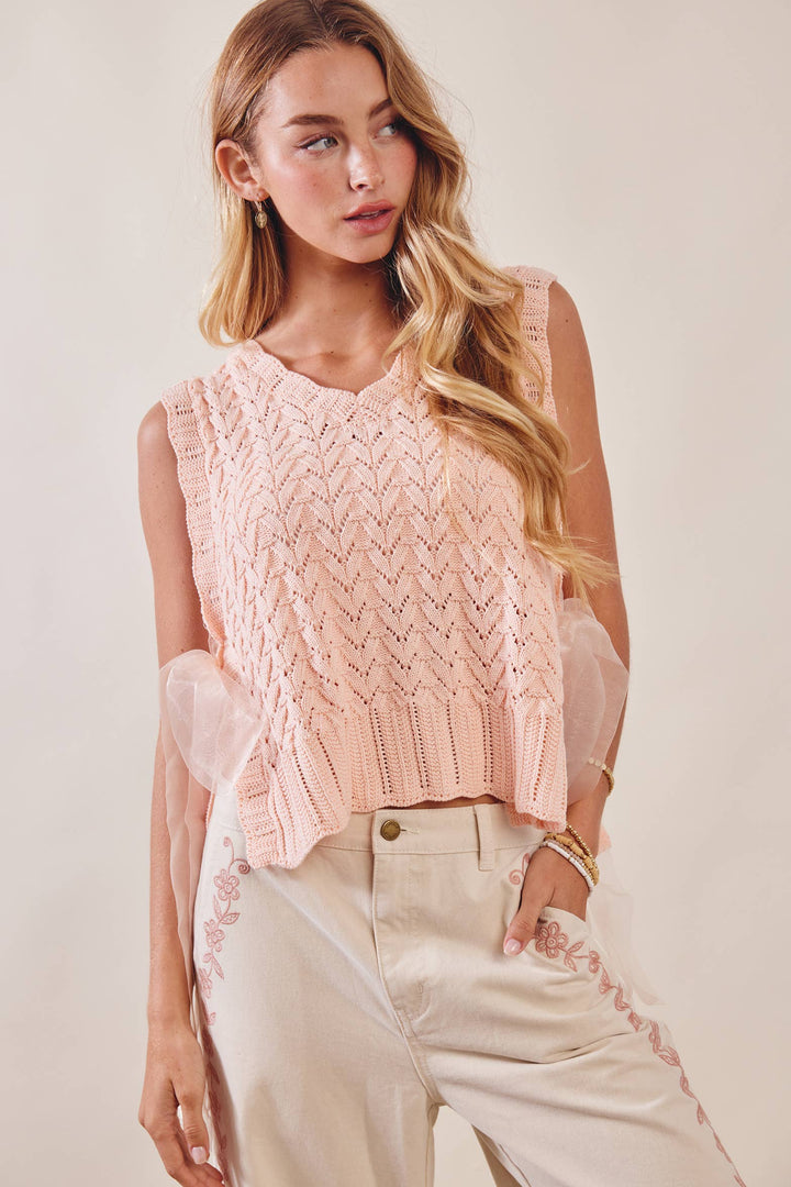 Pointelle Knit Ribbon-Tie Vest Top