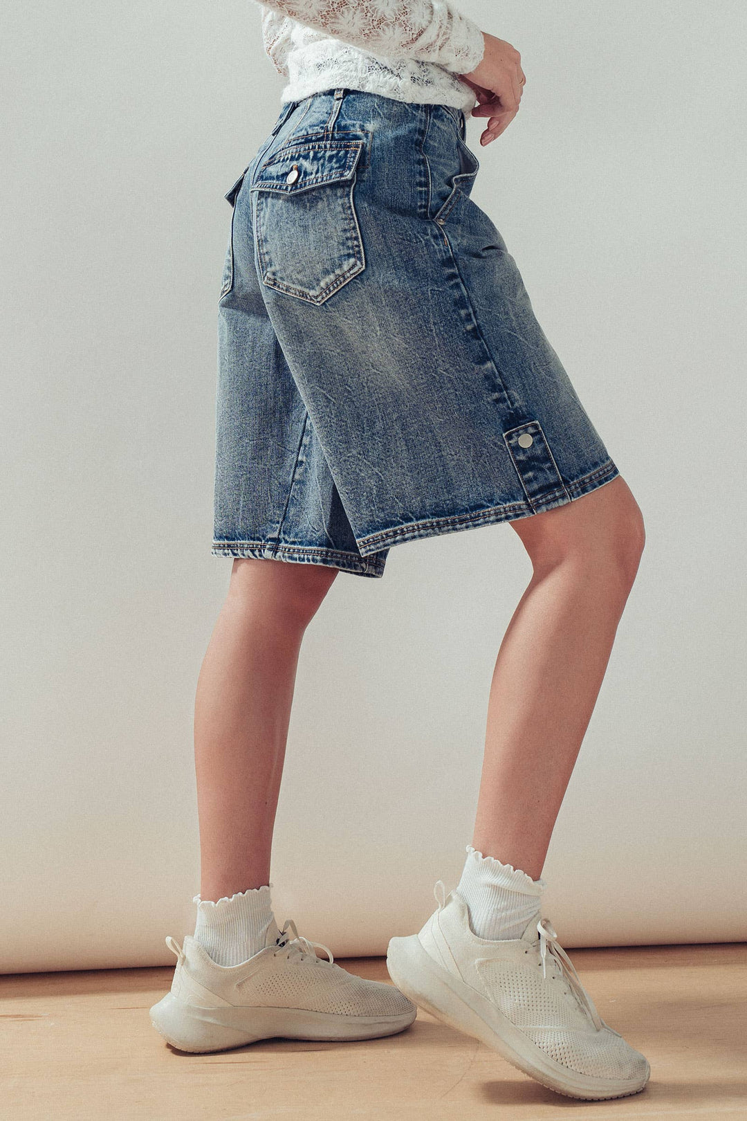 Wide-Leg Utility Denim Bermuda Shorts