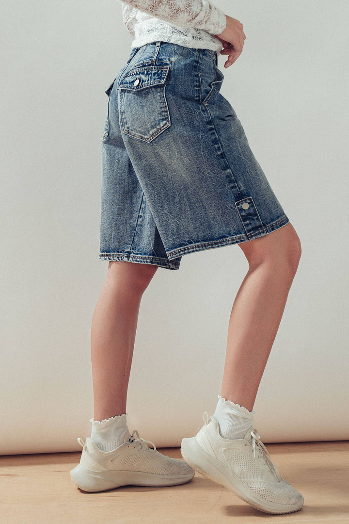 Wide-Leg Utility Denim Bermuda Shorts
