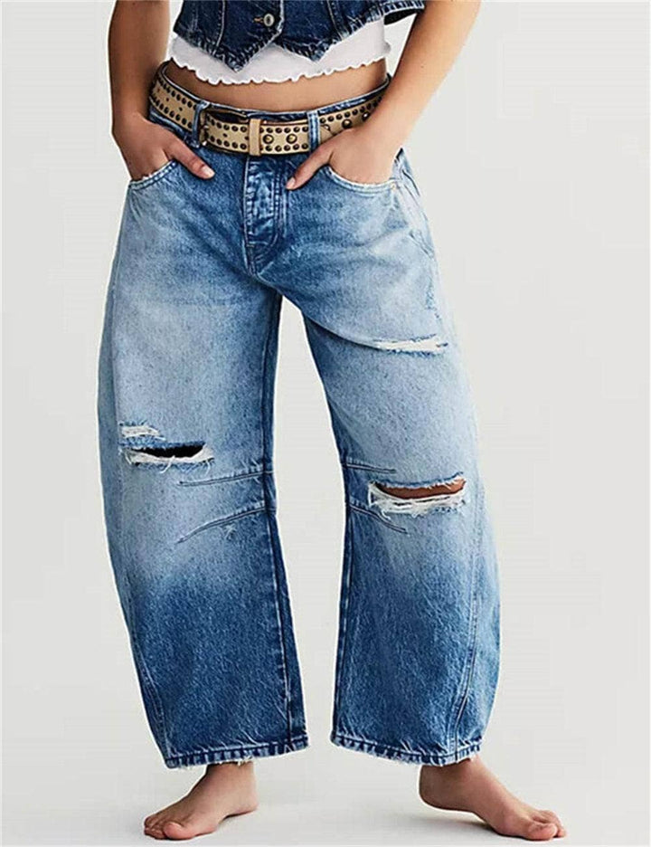 Ladies Mid Rise Wide Leg Barrel Jeans SKP522: Denim Blue / XS