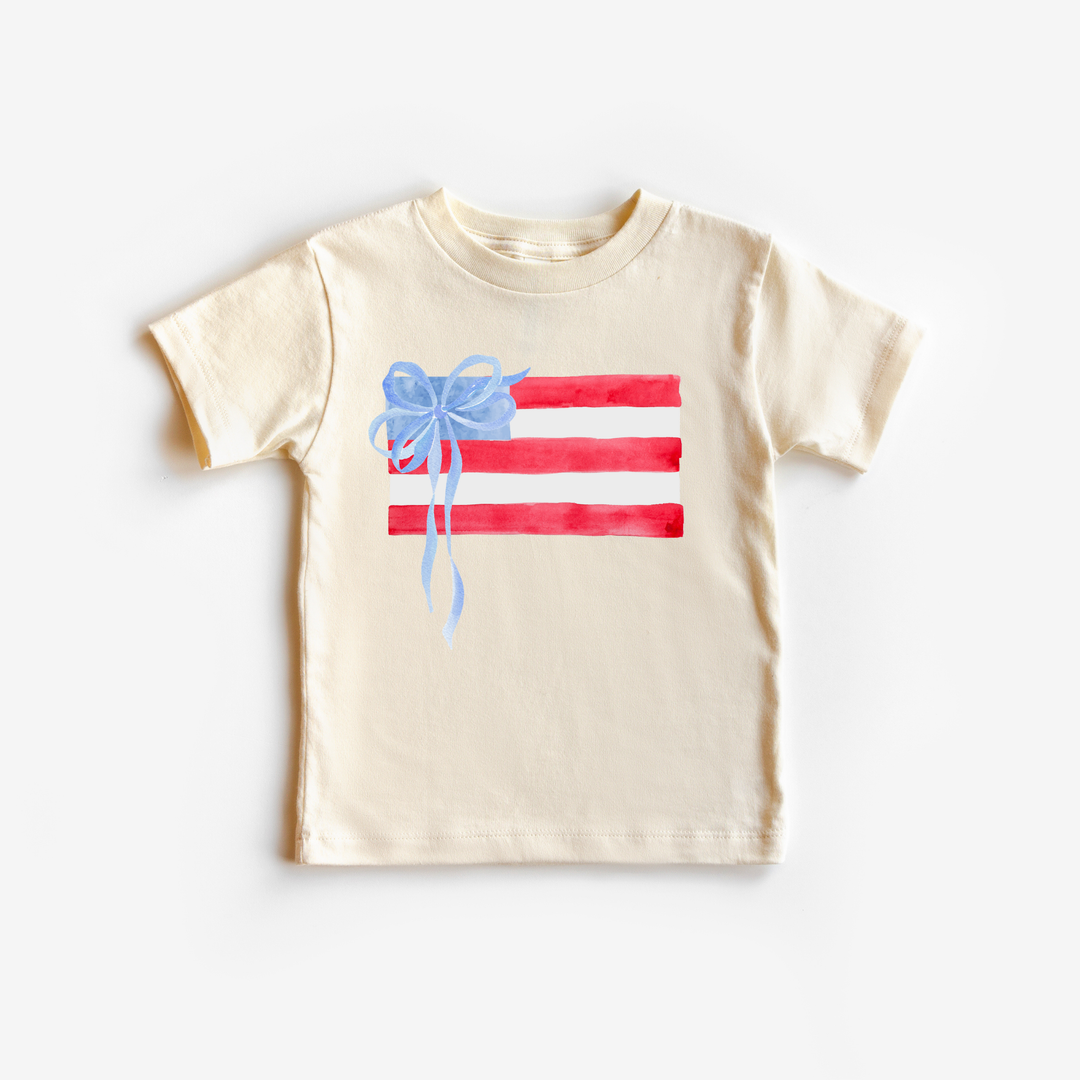 American Flag and Bow Girl 4th of July Kids Shirt: Ice Blue