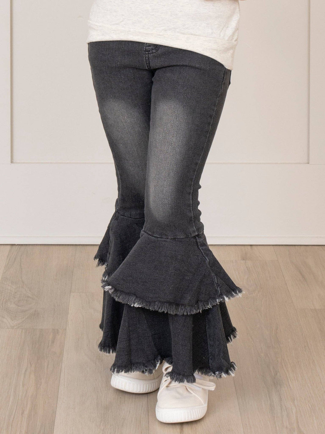 Black Tiered Denim Bell Bottoms: L(4yrs)