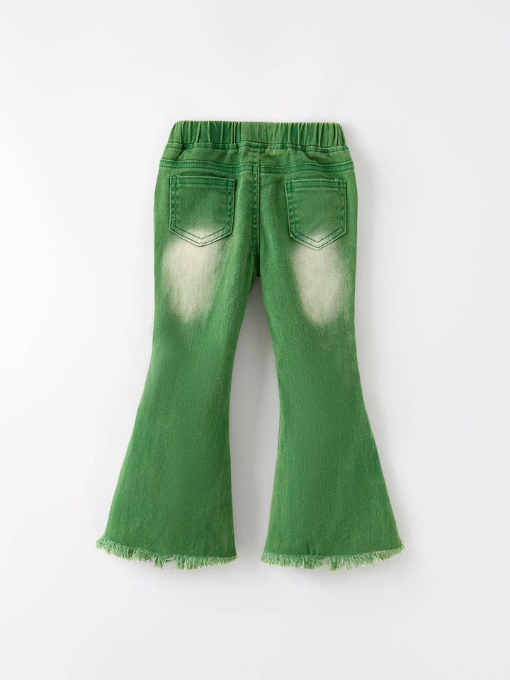 Green Flared Elastic Jeans-Girls