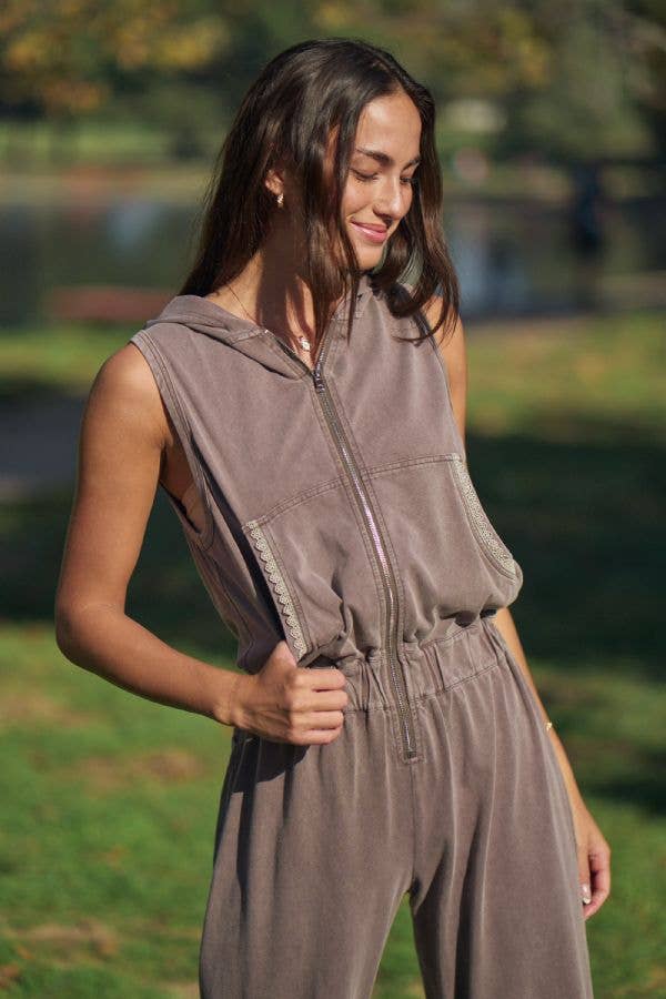 WASHED LACE TRIM HOODIE JOGGER JUMPSUIT