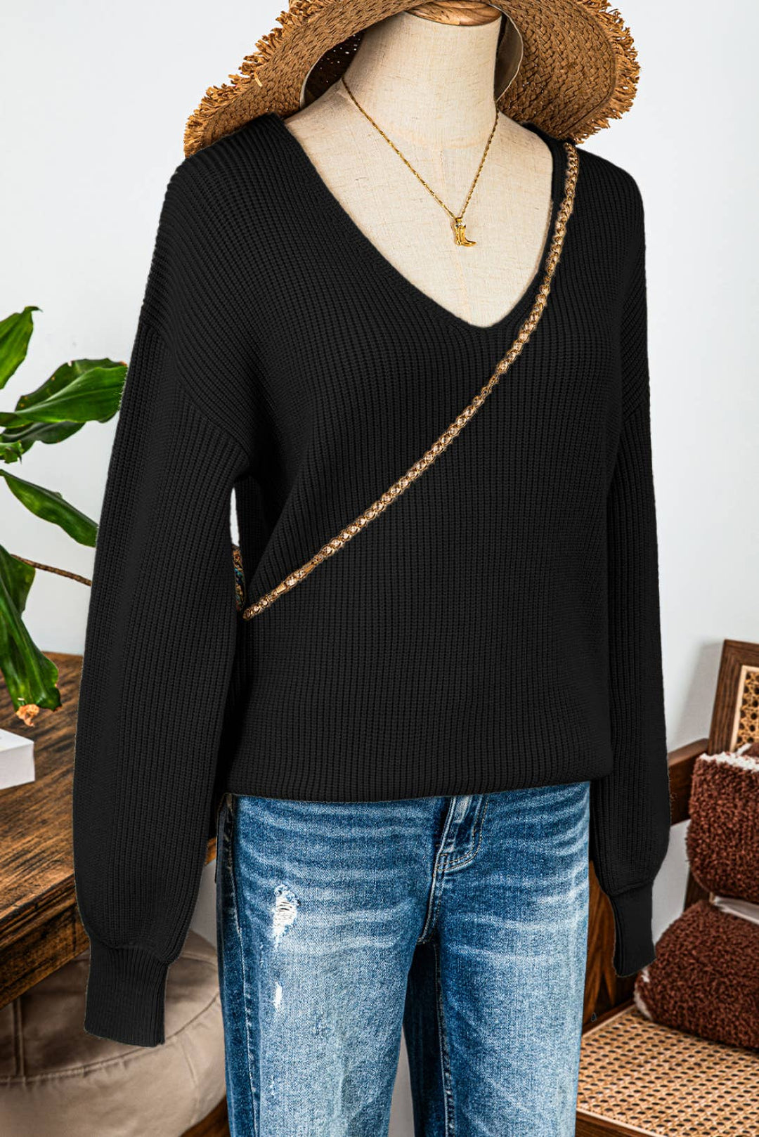 Valentine Lantern Sleeve V Neck Knot Back Sweater: Red / Missy / M