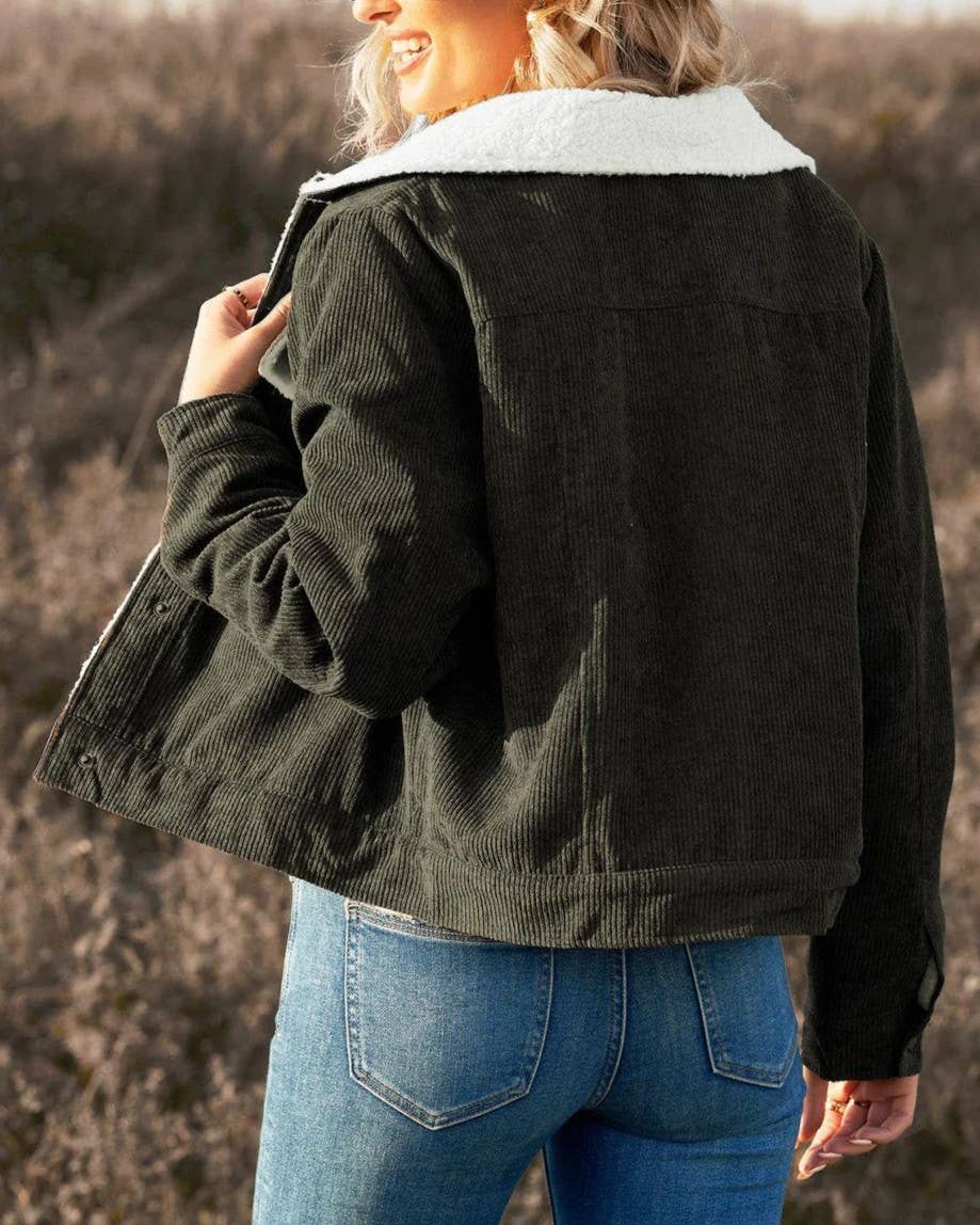 Vintage Corduroy Sherpa Lined Button Front Jacket: Curry