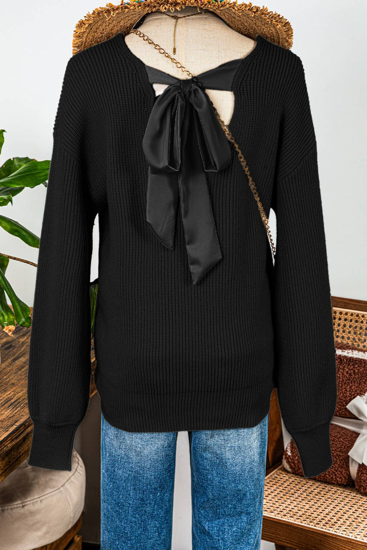 Valentine Lantern Sleeve V Neck Knot Back Sweater: Red / Missy / M