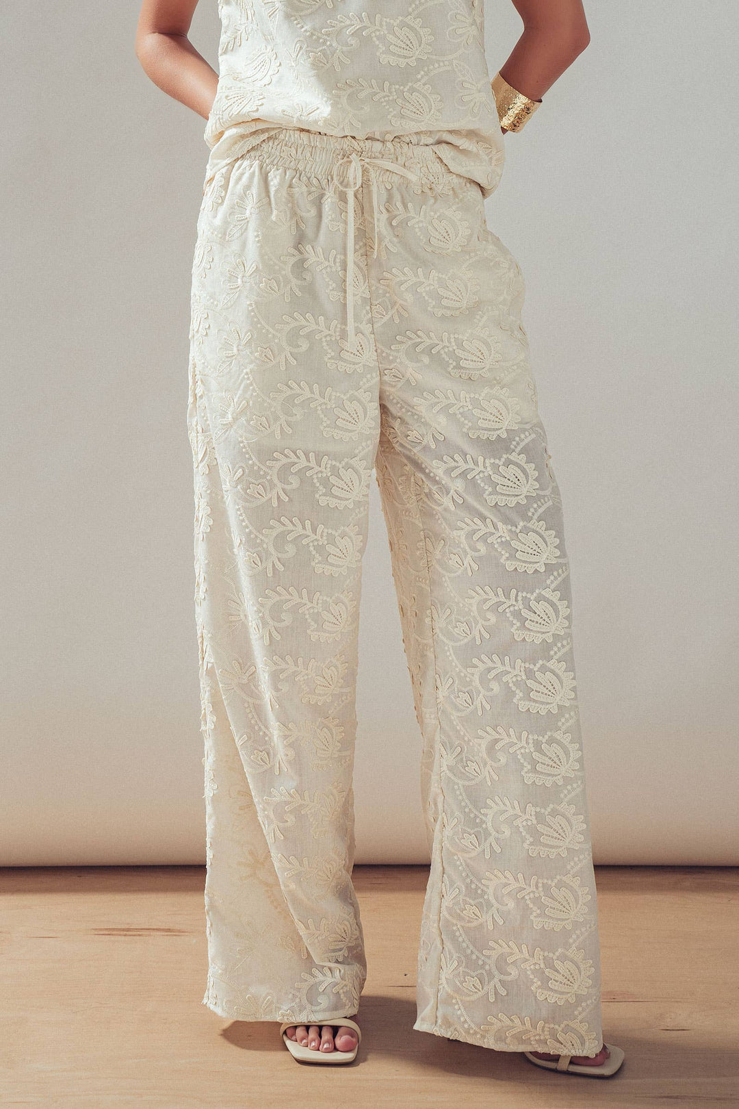 Floral Embroidered Cotton Top And Pant Set: IVORY