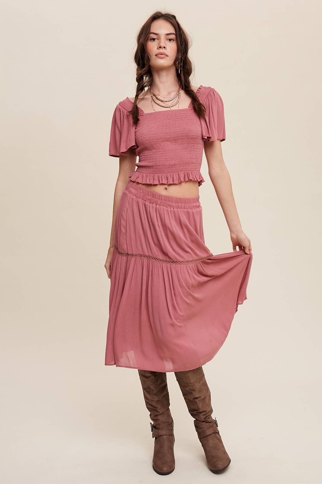 Smocked Crop Top & Tiered Midi Skirt Set: Gray