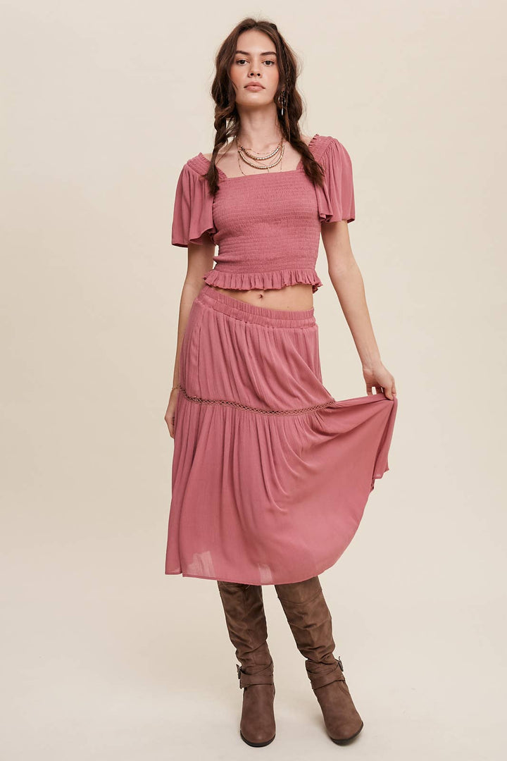 Smocked Crop Top & Tiered Midi Skirt Set: Gray
