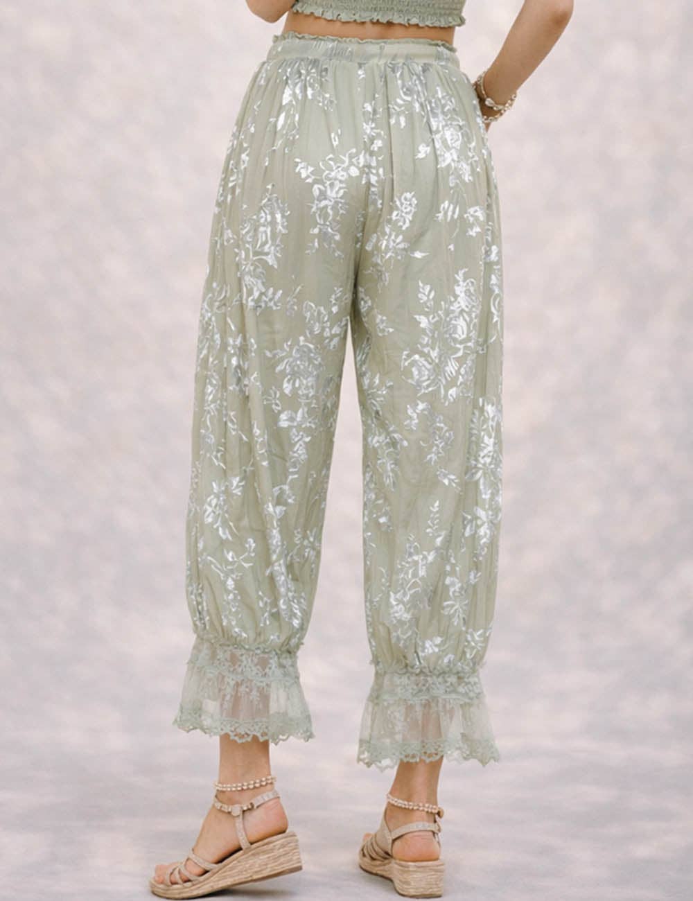 Ladies Lace Hem Floral Flocked Elastic Waist Lantern Pants