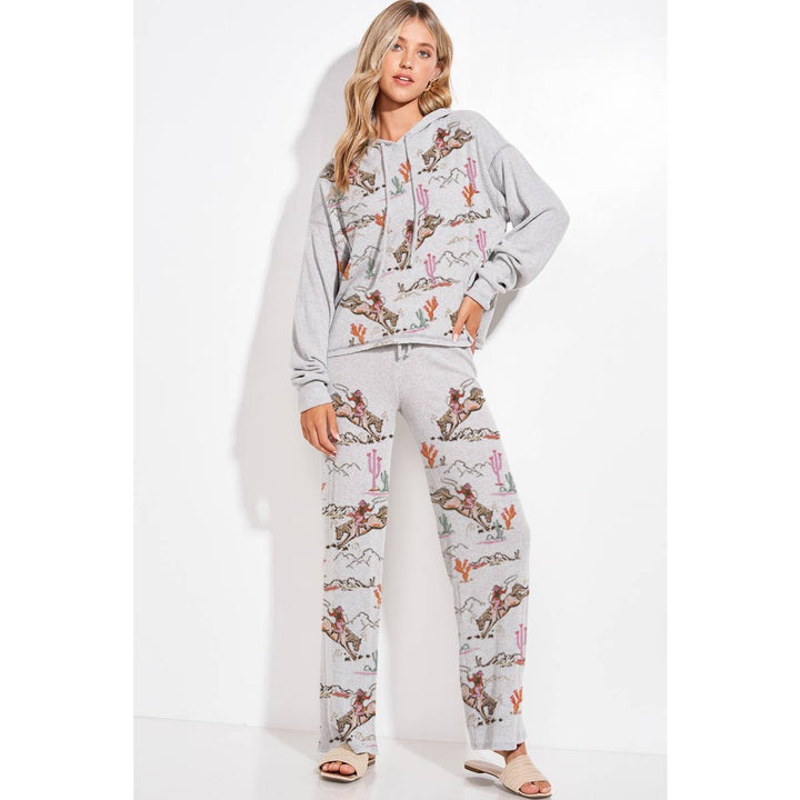 Desert Cowgirl Print Rib Hoodie Loungewear Set : Taupe / M