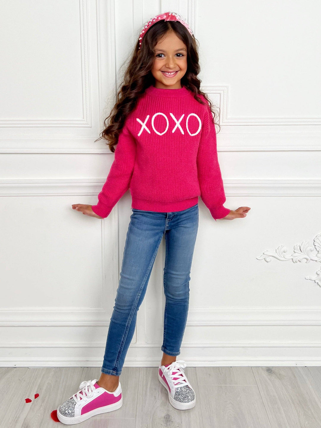 "XOXO" Embroidered Chunky Knit Sweater: Pink / 4T