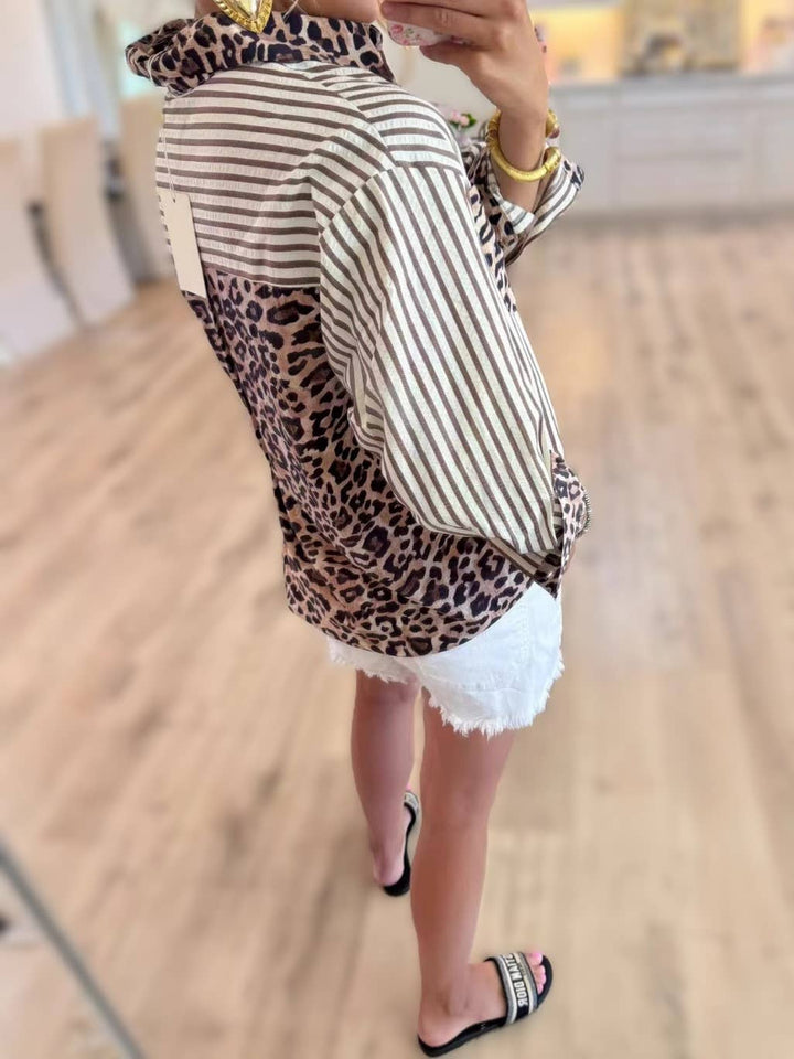 Chic Style Leopard & Striped Patchwork Shirt: Khaki / L