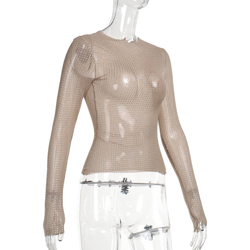 Sexy y2k rhinestone sheer top mesh long-sleeves shirt: Flesh