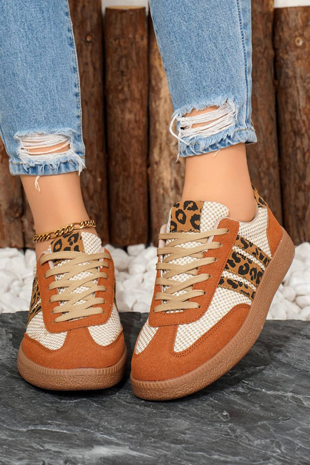 LAS Checkered Leopard Color Block Patchwork Sneakers (37-42): Buckskin / Standard