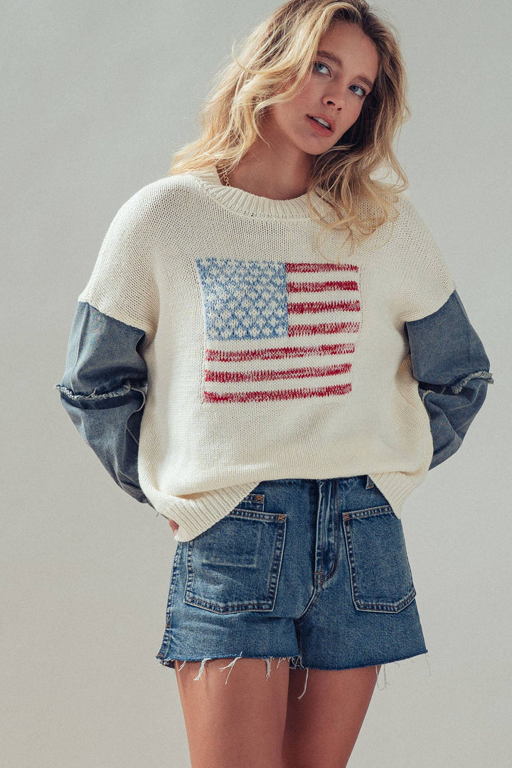 American Flag Mixed Media Denim Sleeve Sweater: IVORY / S-M-L:2-2-2