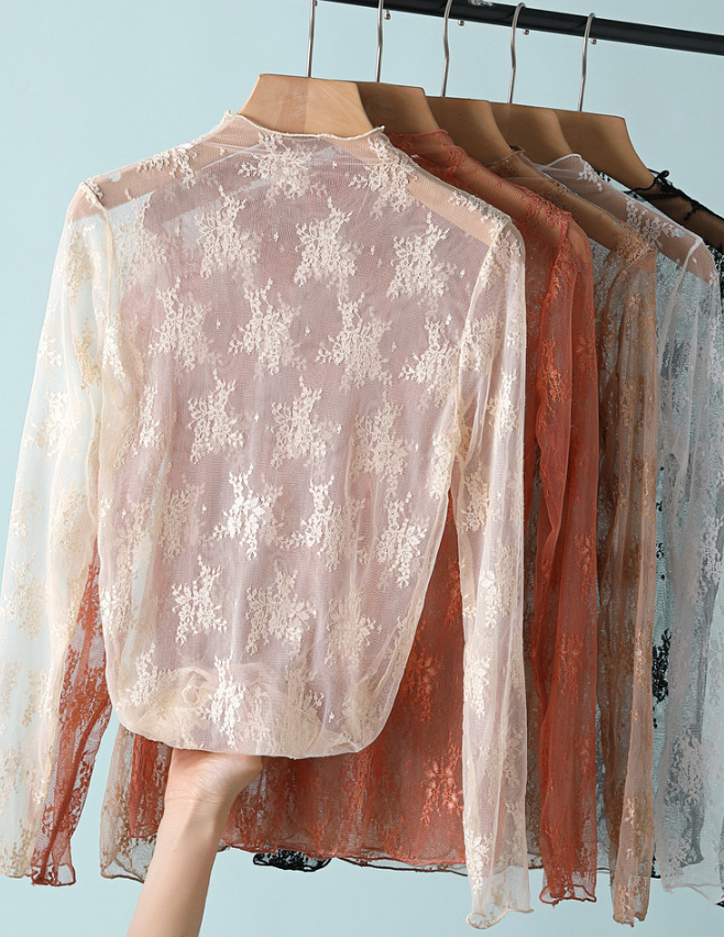 Floral Lace Sheer Mesh Layering see through Top: Beige / M