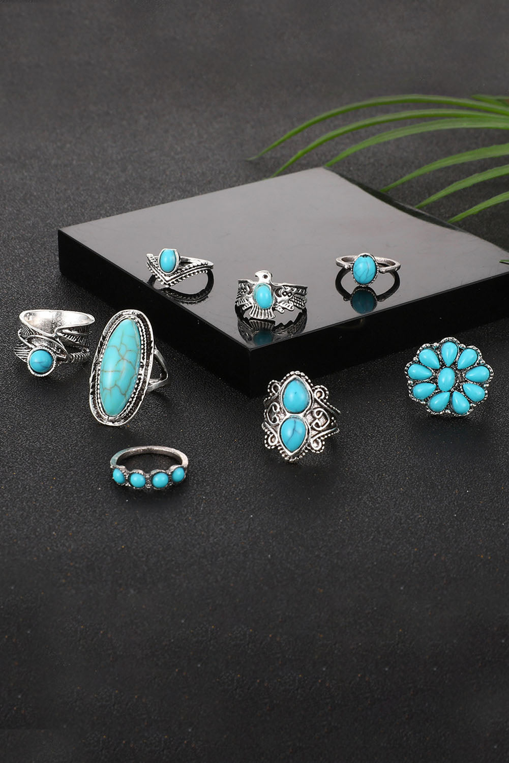 Green Vintage Western Turquoise 8-piece Ring Set