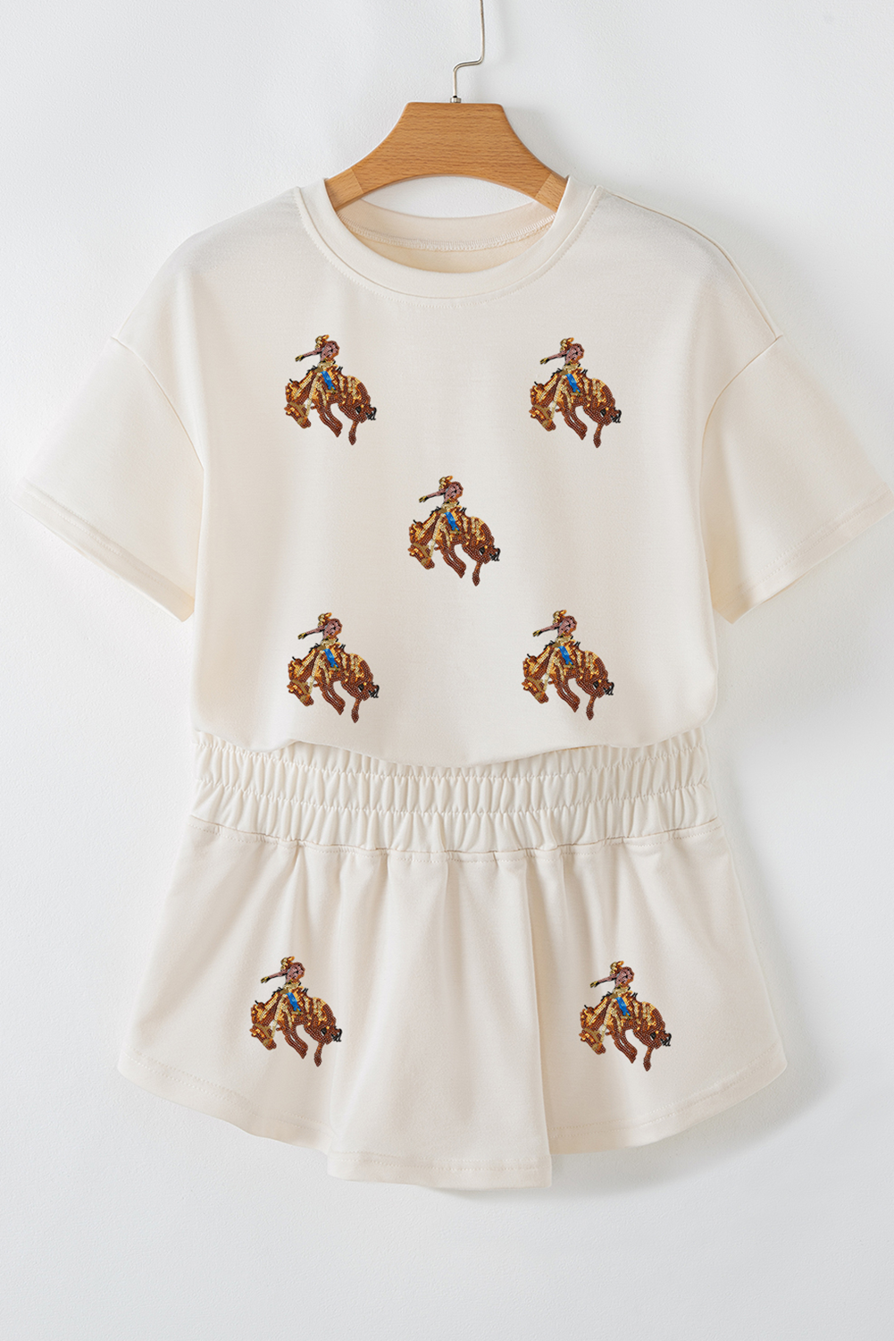 Beige Sequined Rodeo Cropped Tee and Skort Set