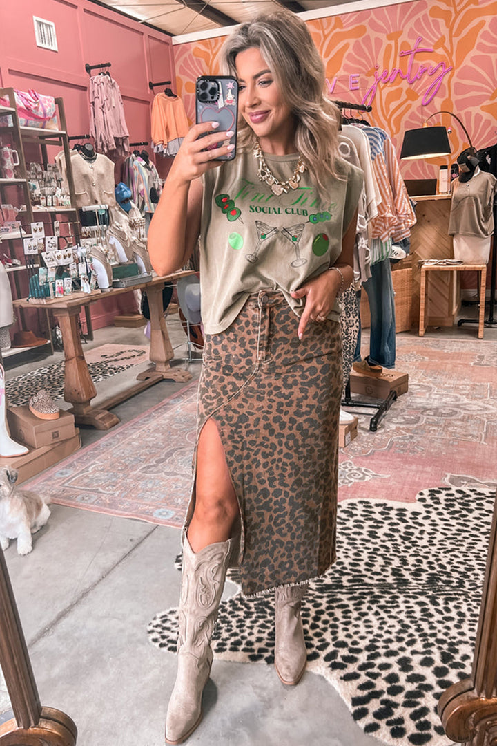 Brown Leopard Denim Frayed Split Denim Midi Skirt