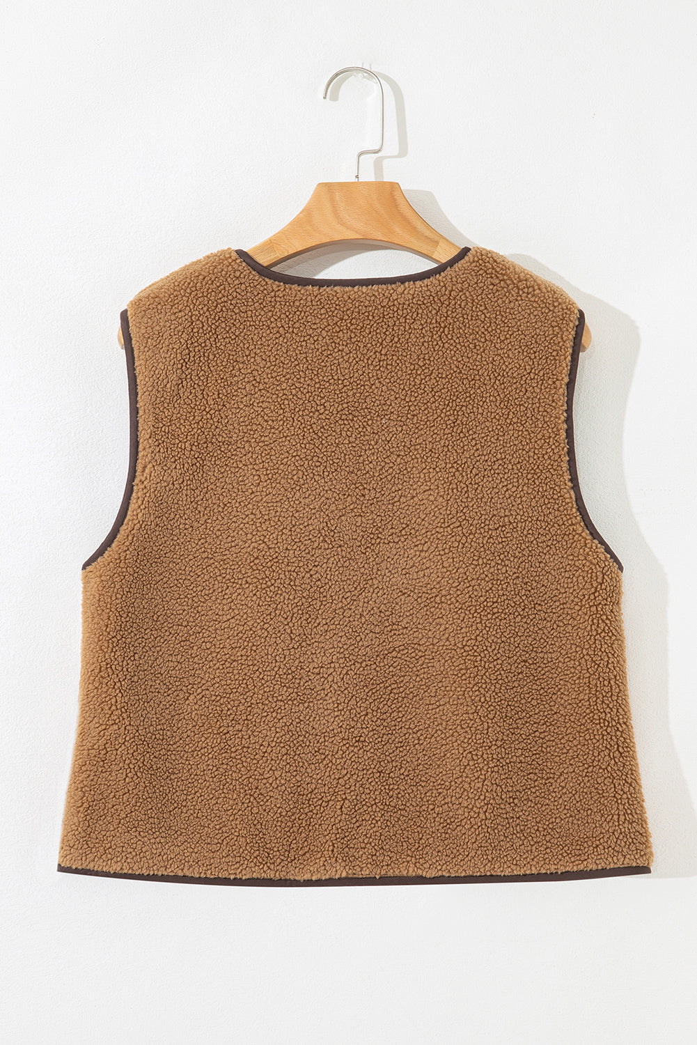 Light French Beige Contrast Trim Tie Front Sherpa Vest