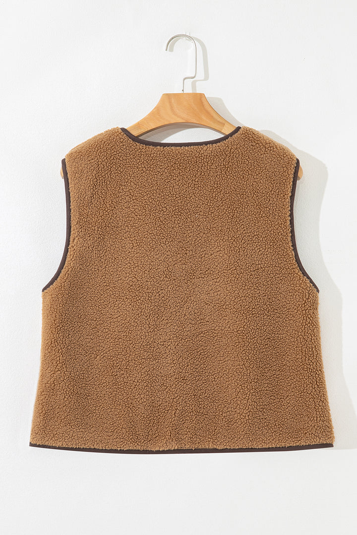 Light French Beige Contrast Trim Tie Front Sherpa Vest