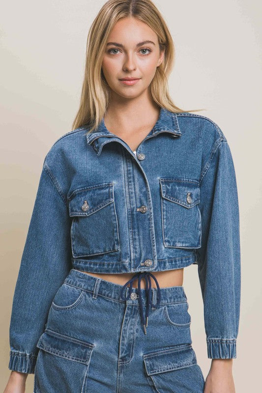 MOCK NECK CROP DENIM JACKET