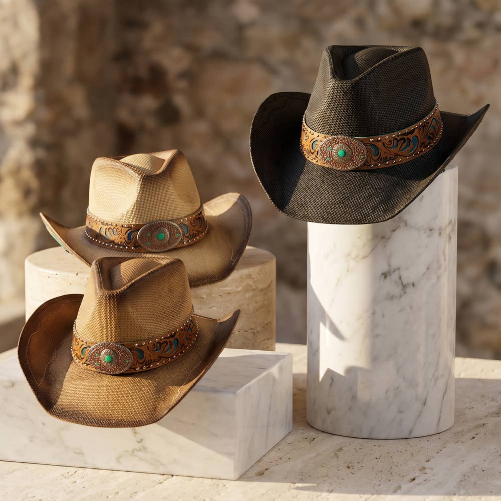 Studded Tooled Band Western Cowboy Hat