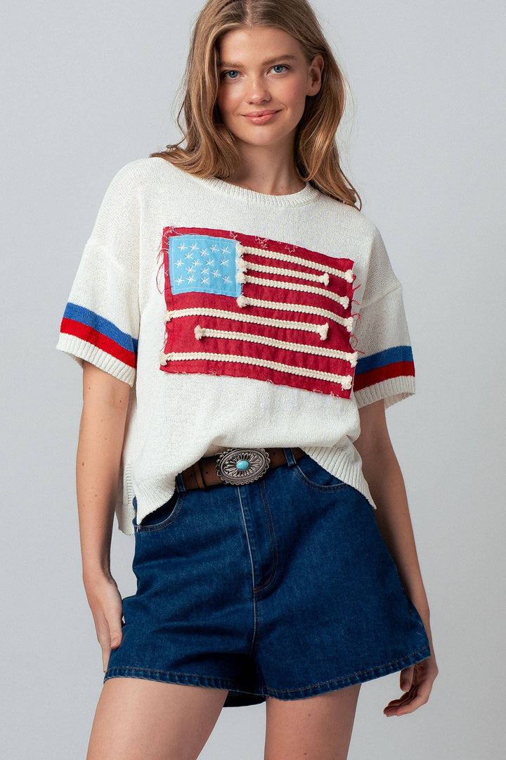 American Flag Applique Knit Sweater with Stripe