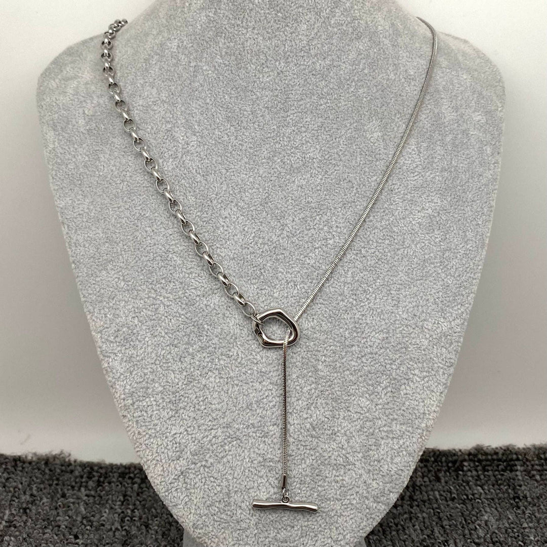 FGS - 18K Gold Plated Stainless Steel Ot Buckle Lariat Chain: Steel color + Golden