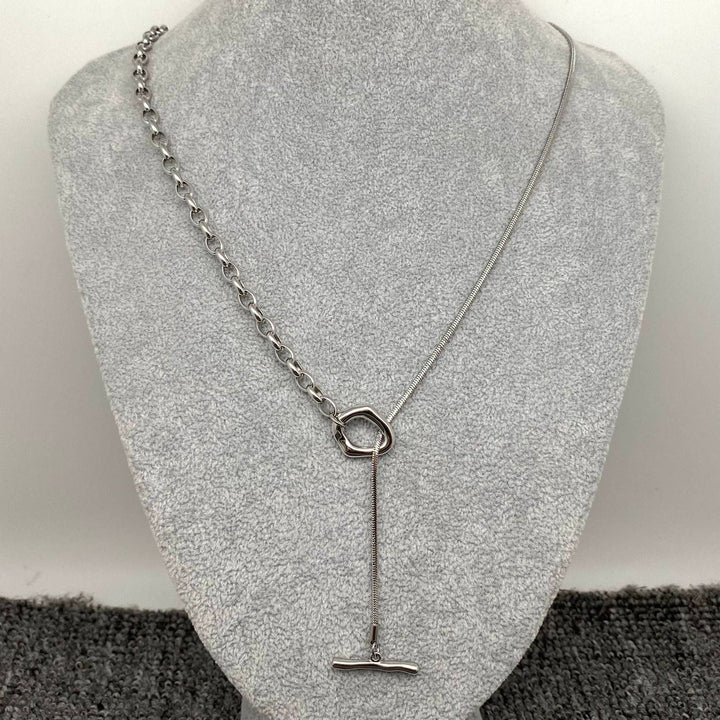FGS - 18K Gold Plated Stainless Steel Ot Buckle Lariat Chain: Steel color + Golden