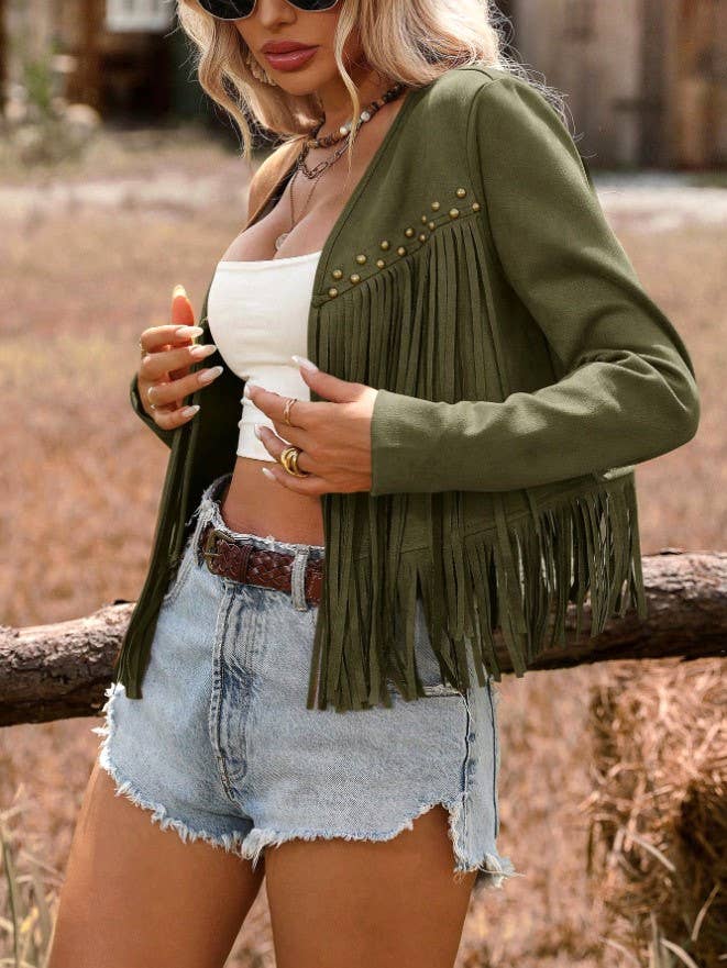 Studded Faux Suede Fringe Western Boho Jacket: Brown / 2XL